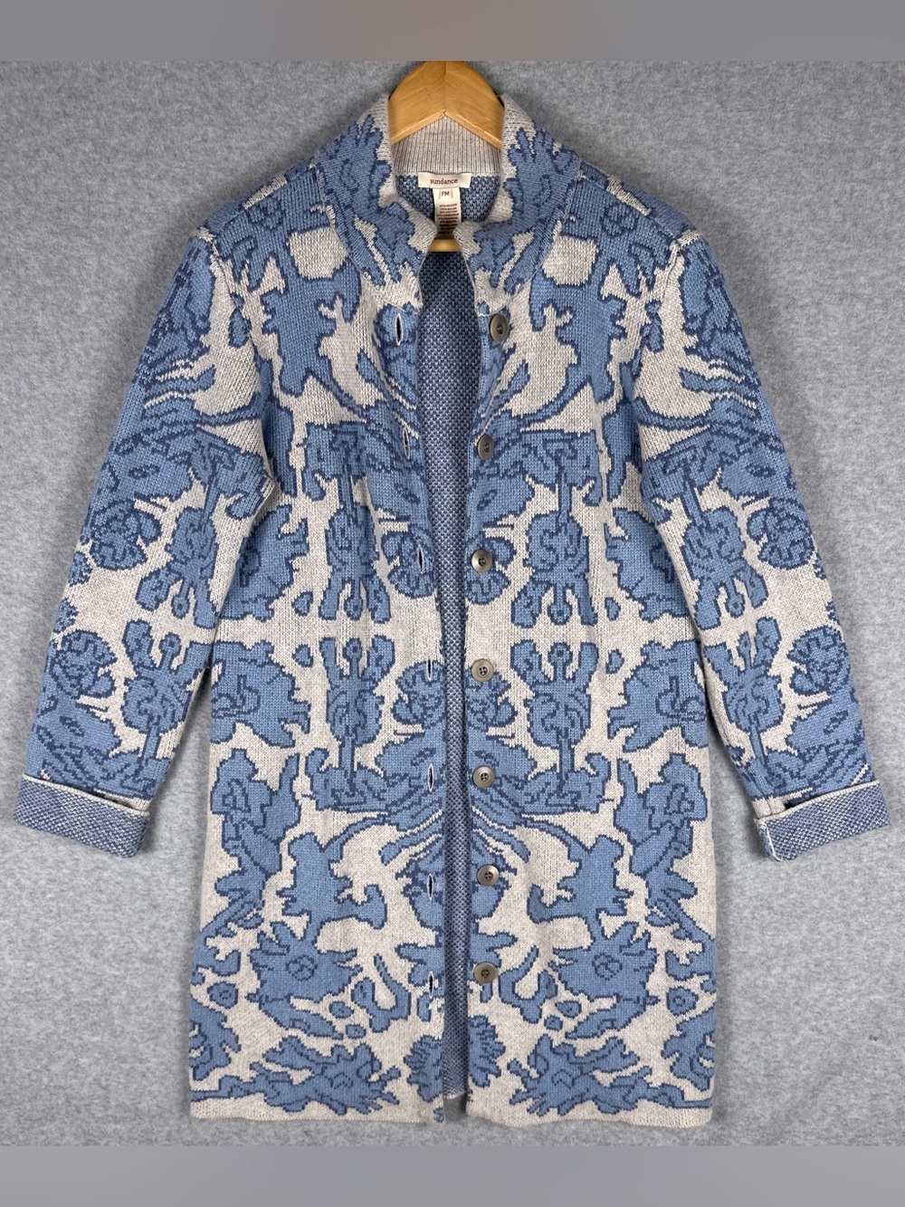 Sundance Noble Life Jacquard Cardigan Coat PM Blue Wool Cashmere Angora Boho